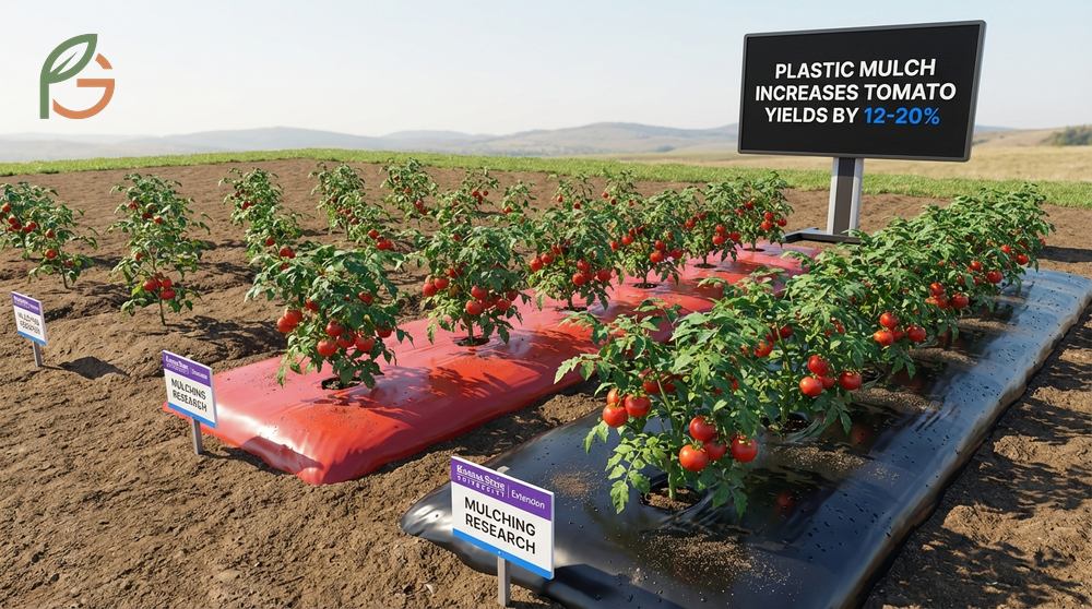 Mulching tomatoes with plastic or organic straw to retain soil moisture and suppress weed growth.