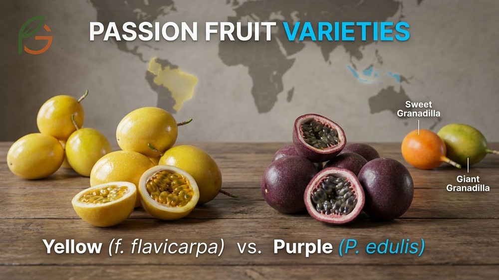 Passion fruit varieties comparison between large yellow types for processing and sweeter purple ones for fresh eating.