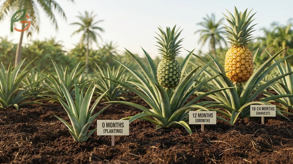 Comparison of growth timelines for pineapple crowns versus suckers and slips.