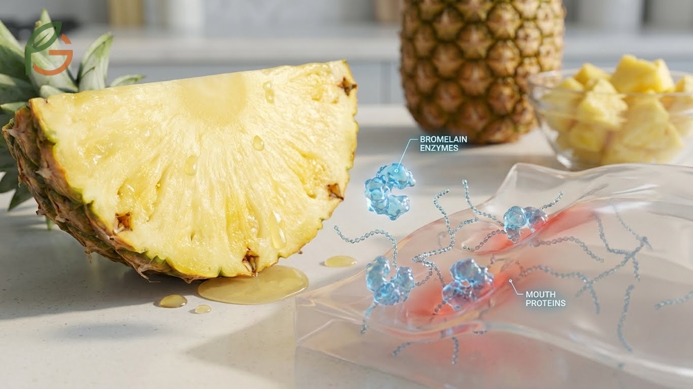Why does pineapple hurt my mouth details showing protease enzymes digesting mucous lining and acidity amplifying the burn.