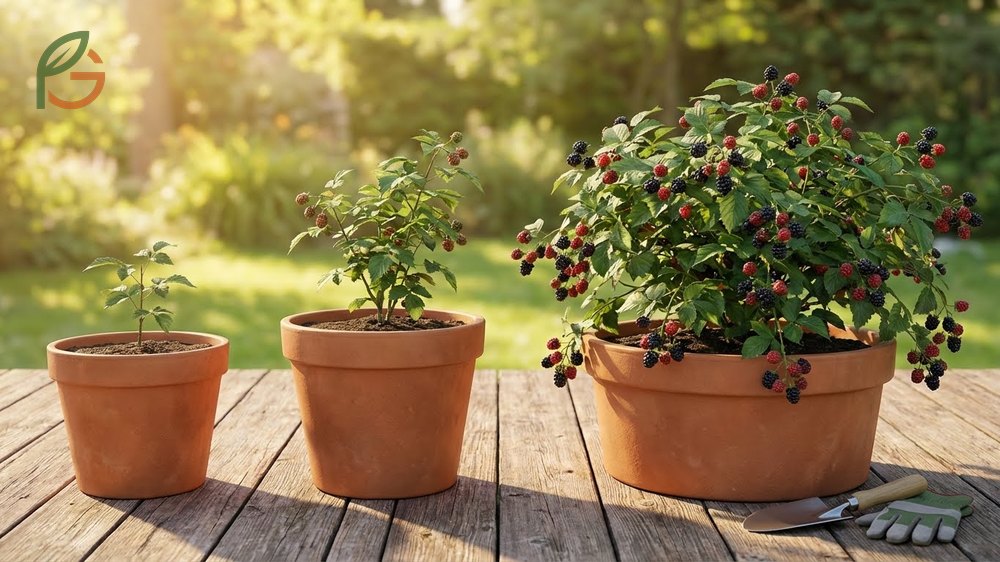 Pot size for blackberries must be at least 15 to 20 gallons with a wide diameter to accommodate horizontal roots.