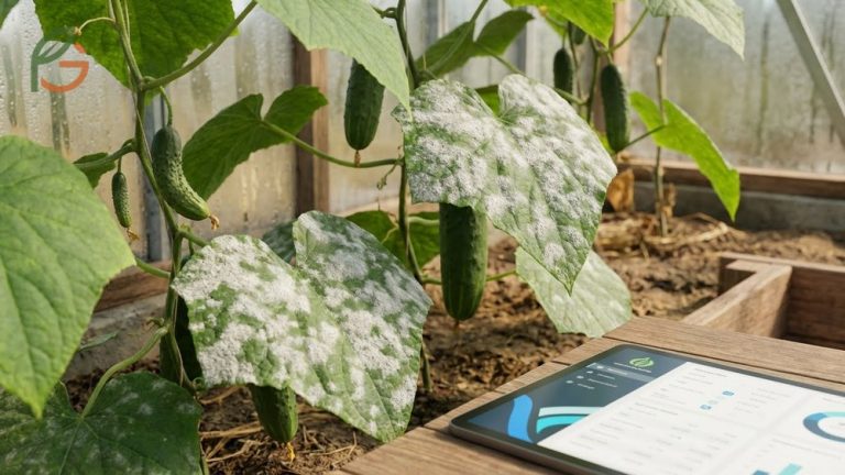 Powdery mildew on cucumber plants starts as pale yellow spots turning into white fungal growth on leaf surfaces.