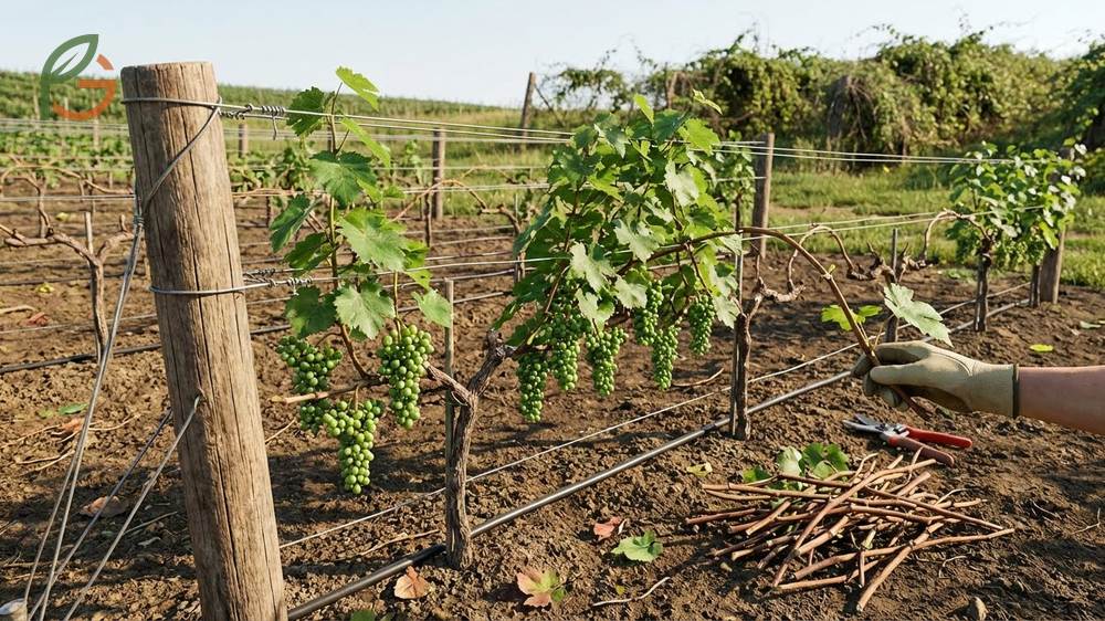 Pruning and training grape vines on a 4-Cane Kniffin trellis system by removing 90 percent of old wood during dormancy.