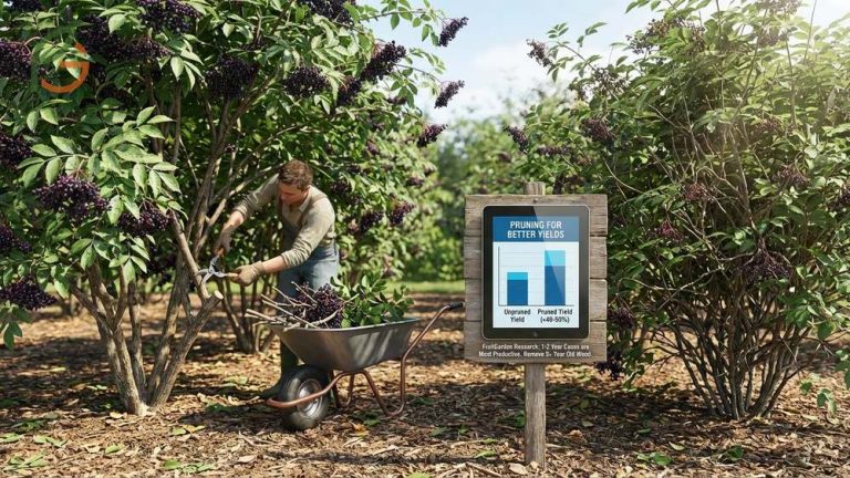 Pruning elderberry bushes annually increases harvest yields by removing old wood and encouraging vigorous new canes.