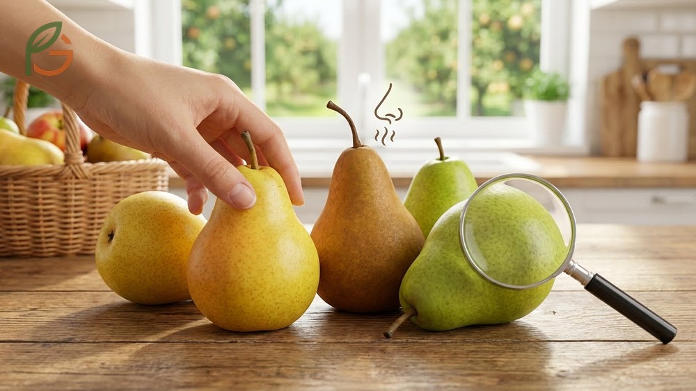 Ripe pear signs including a sweet floral fragrance at the blossom end and clean stem separation.