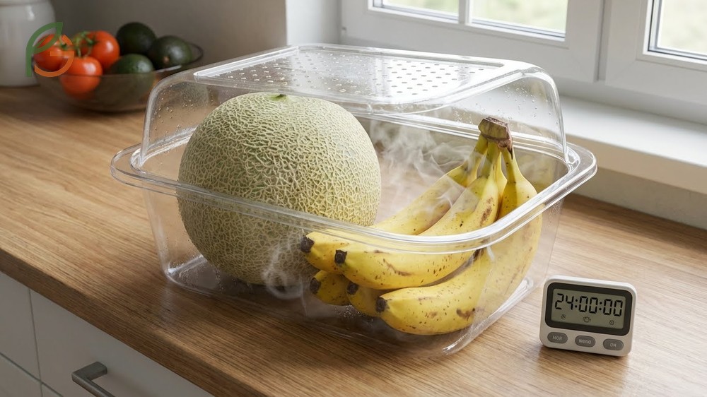 Ripen honeydew quickly using the paper bag method with bananas to concentrate ethylene gas around the fruit.