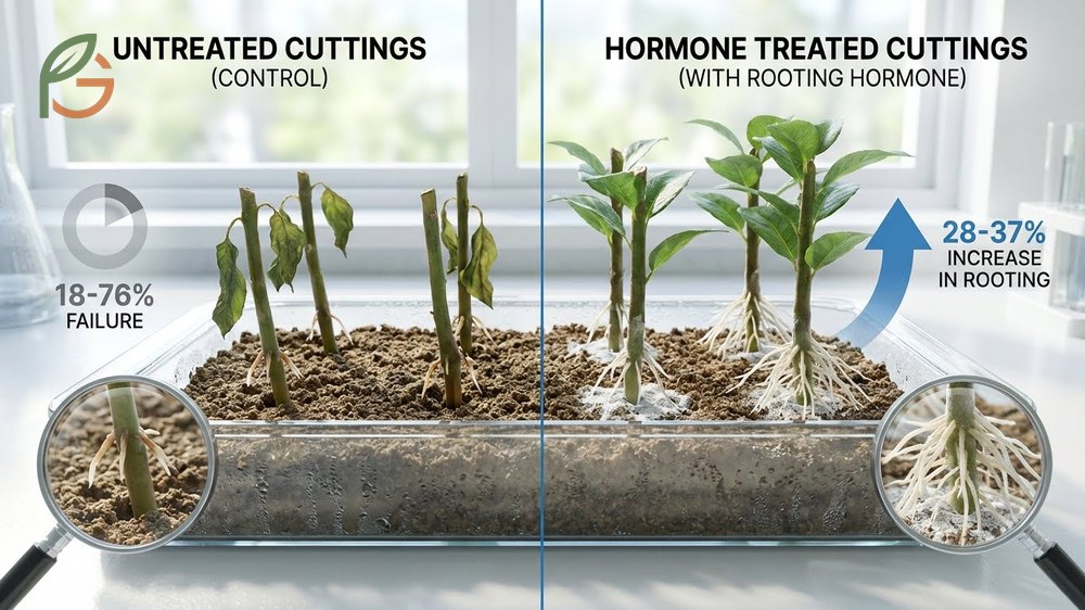 Rooting hormone treatment using IBA or NAA to stimulate root formation on blueberry stems.