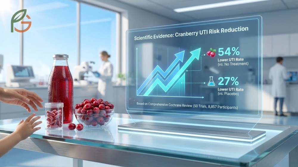 Scientific evidence for cranberry UTI prevention showing 54 percent lower infection rates in clinical trials.