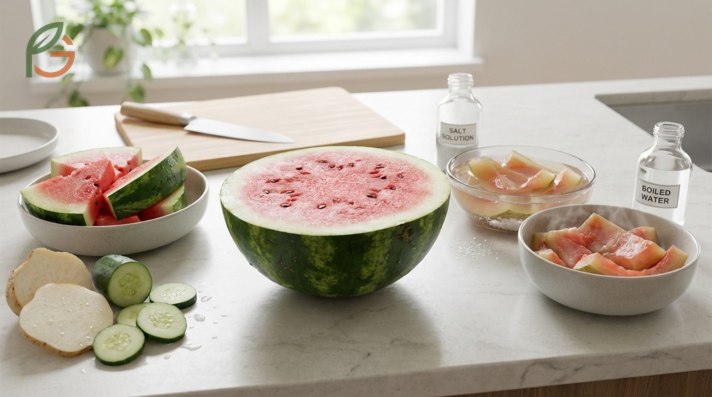 Texture of watermelon rind is firm and crisp like jicama due to high cellulose content before cooking.