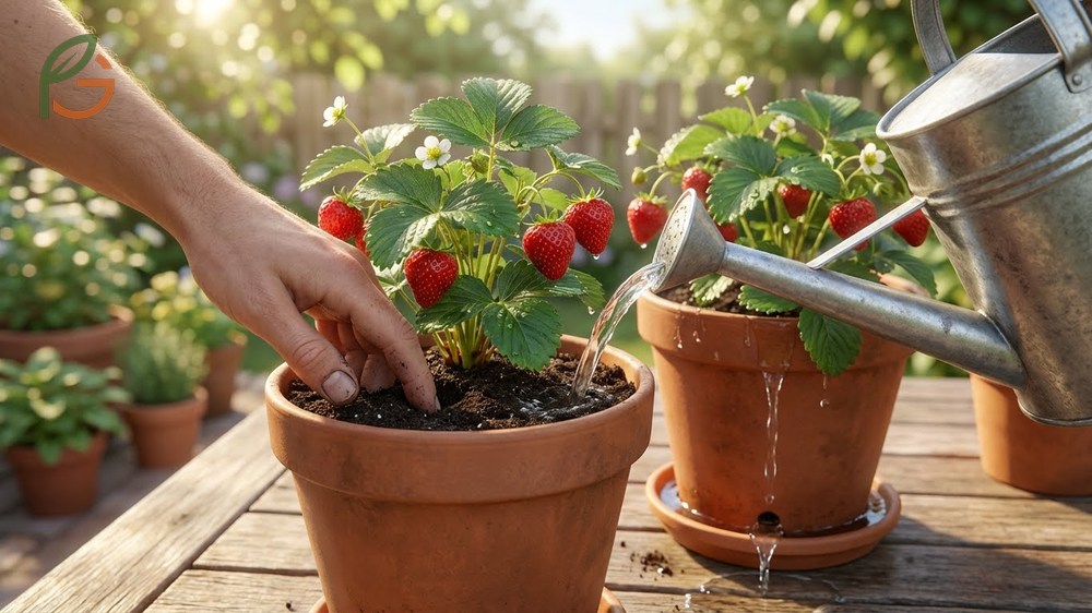 Watering strawberries in pots should occur in the morning when the top inch of soil feels dry to the touch.
