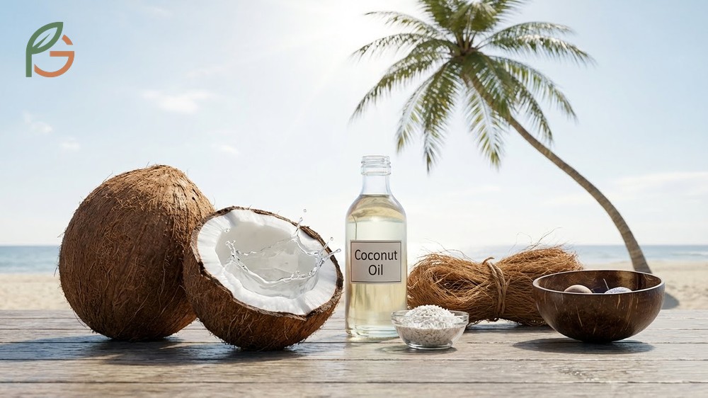 What is a coconut described as the fruit of the Cocos nucifera palm which provides food, fiber, and fuel.