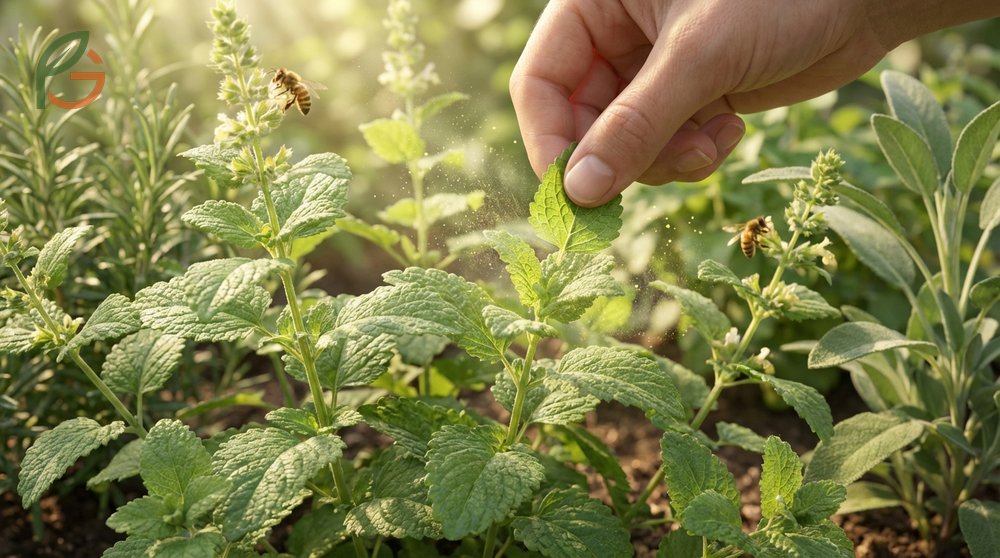 What is lemon balm plant displaying crinkled green leaves that release a distinct citrus scent when crushed.