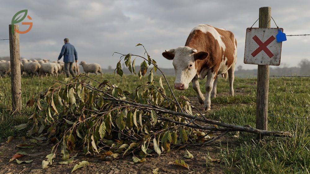 Wild cherry tree poisonous effects on livestock showing that wilted leaves contain concentrated cyanogenic glycosides dangerous to cattle.
