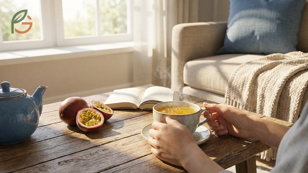 Passion fruit tea benefits anxiety relief by reducing stress levels significantly after just 15 days of daily use.