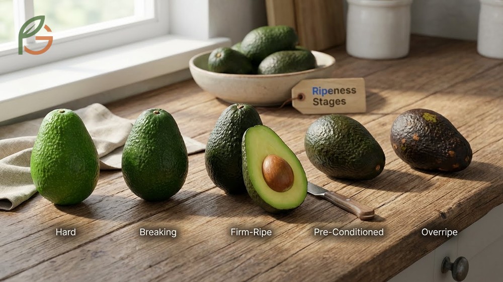 Five avocado ripeness stages ranging from hard green fruit to soft ripe ones suitable for guacamole.