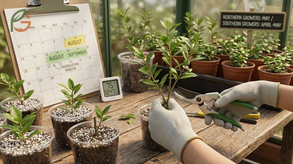 Best propagation timing for softwood in spring and hardwood cuttings during winter dormancy.