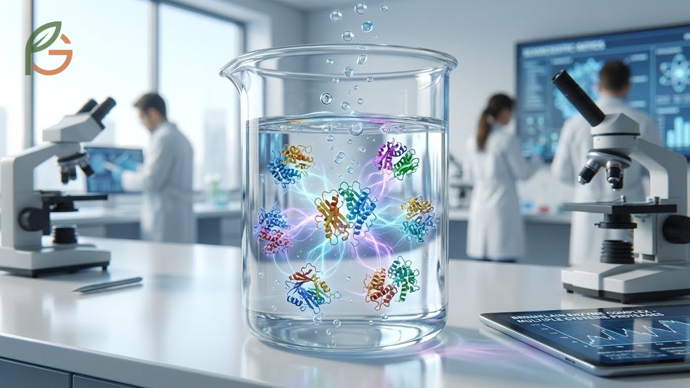 Bromelain enzyme effects showing high concentration in the pineapple core and stem with up to eight active proteases.