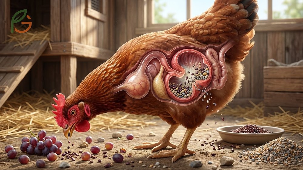 Chickens digesting grape seeds efficiently using their muscular gizzard and grit to extract nutrients.