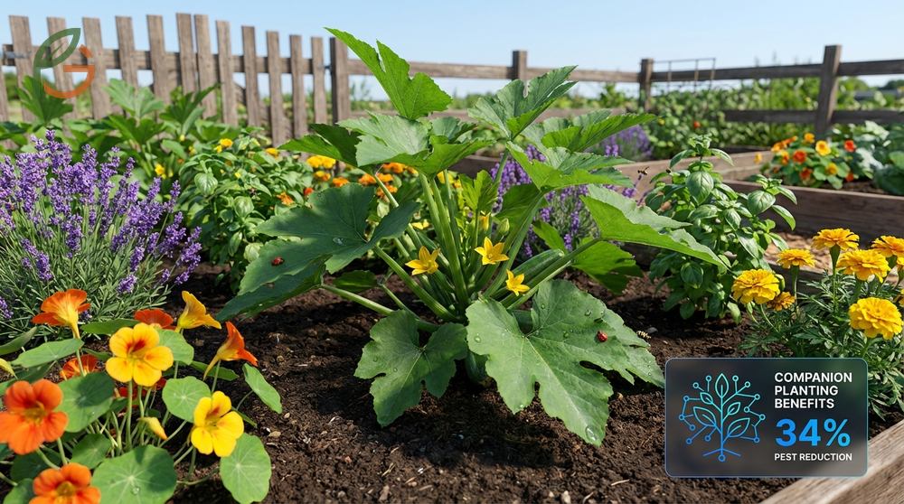 Companion plants for zucchini mask scent signatures within a five-foot radius to confuse pests like squash bugs and aphids.