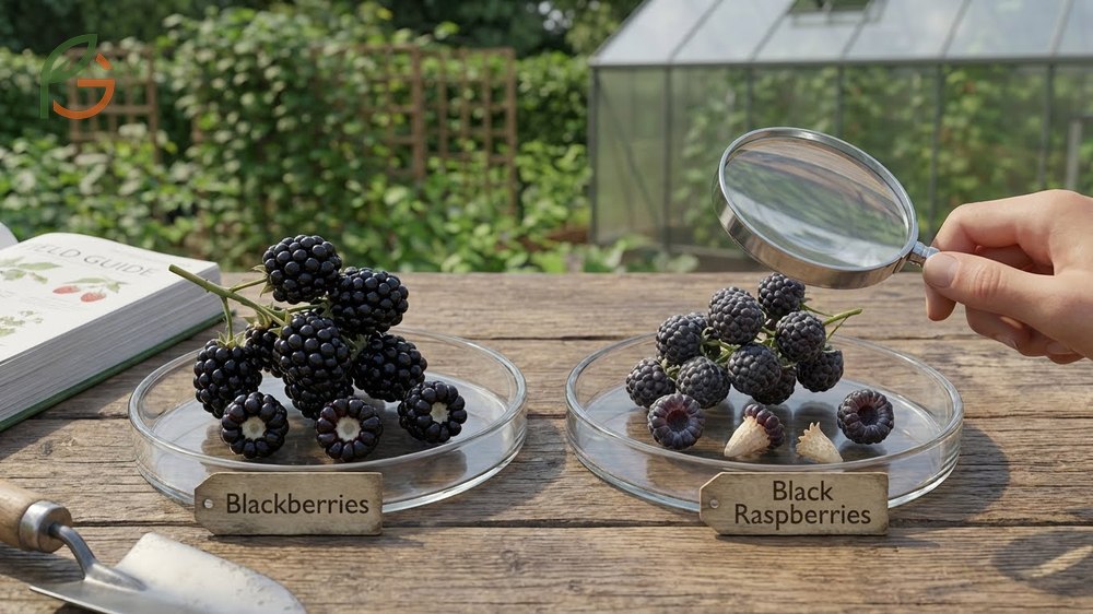 Difference between blackberries and black raspberries focusing on size, core structure, and harvest methods.