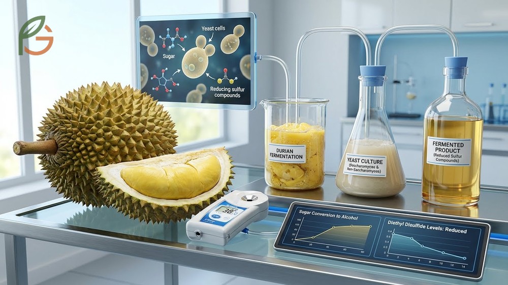 Durian fermentation process details showing how yeast reduces sulfur compounds in fermented durian wine products.