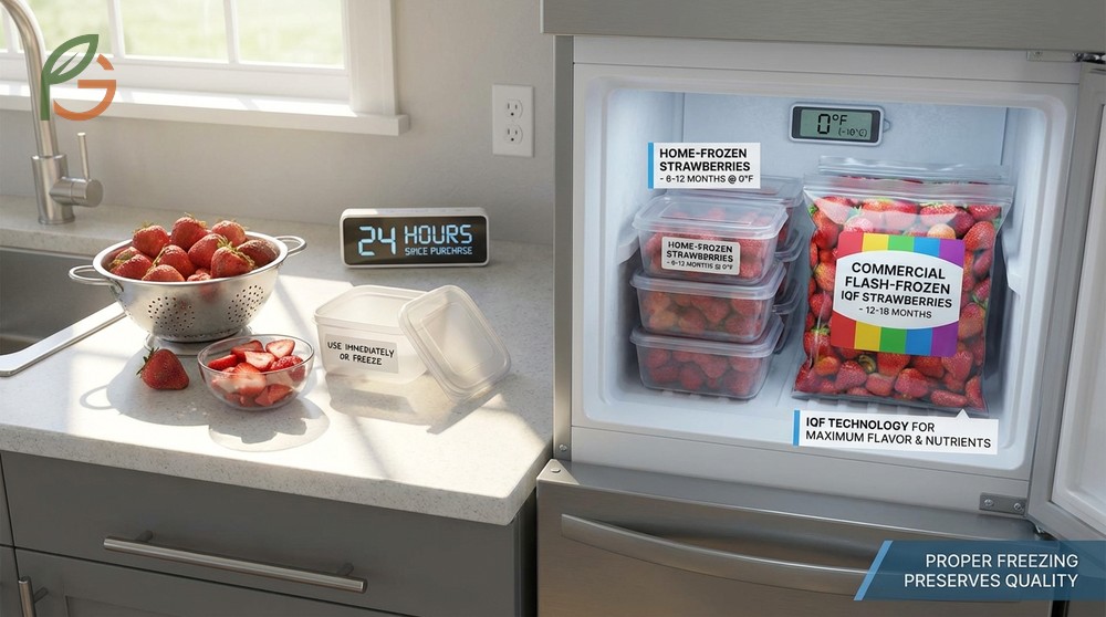 Strawberries spread on a baking sheet for flash freezing to preserve quality for up to twelve months.