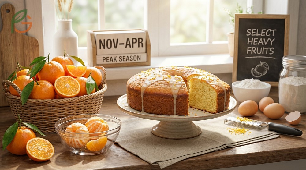 Fresh mandarin cake requires selecting peak season fruits from November to April for the best sugar-to-acid ratio.