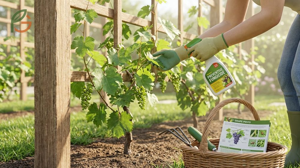Pest control and varieties chart recommending disease-resistant Concord grapes and fungicide schedules for powdery mildew.