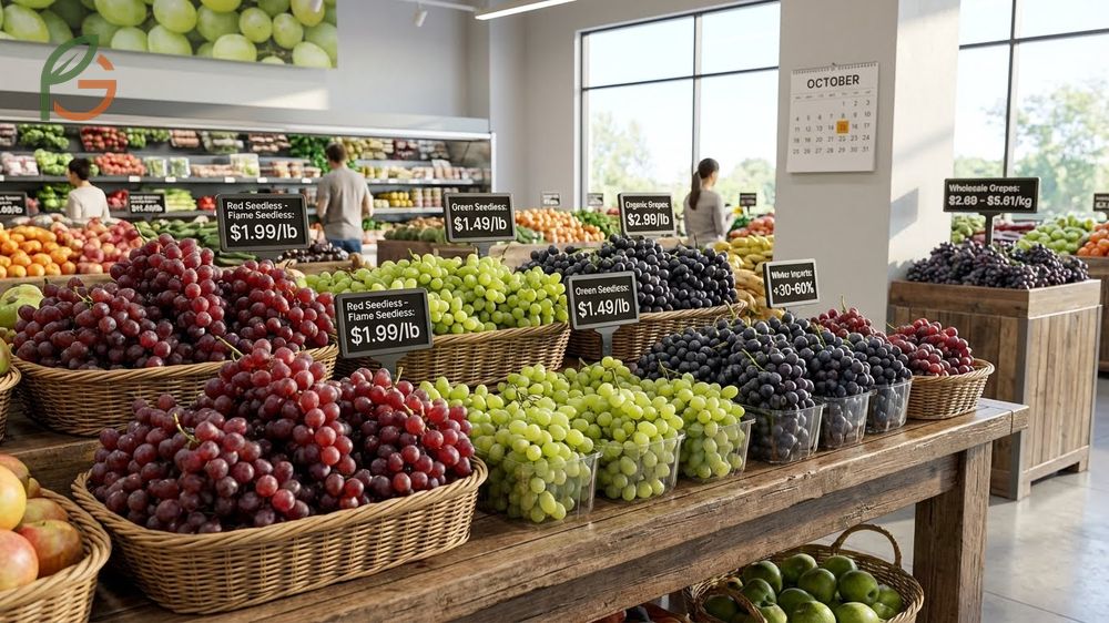When are grapes in season cost analysis showing retail prices between 1.22 and 2.54 dollars per pound with bulk savings of 25 percent.