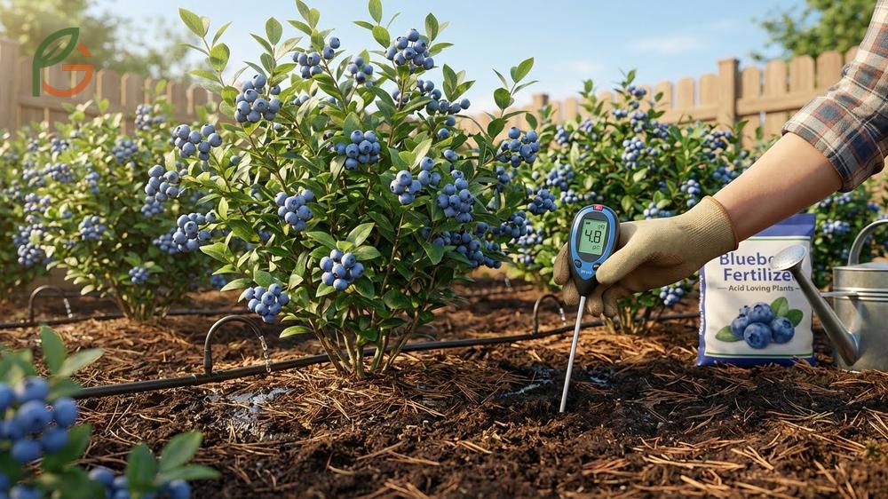 How to care for blueberry bushes by maintaining consistent moisture and testing soil pH annually for optimal growth.