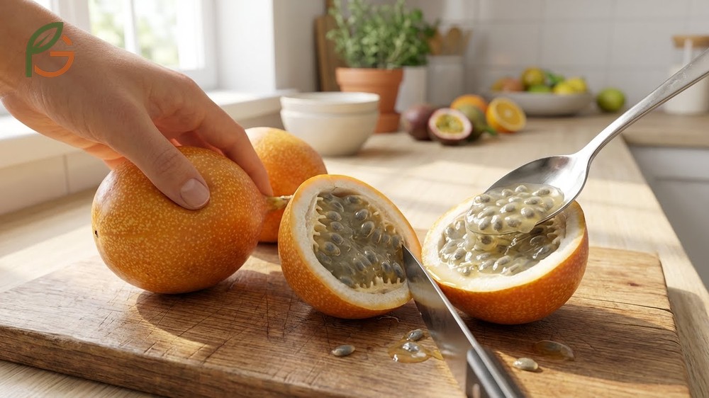 How to eat granadilla by cracking the orange shell and scooping out the sweet translucent pulp and seeds.