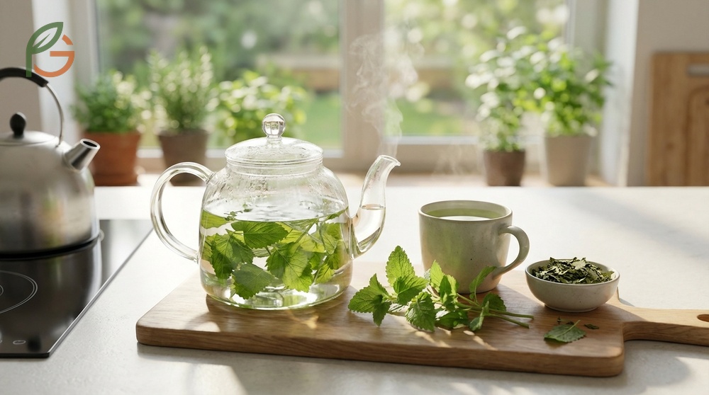 How to make lemon balm tea using fresh leaves steeped for 10 minutes to extract maximum rosmarinic acid.