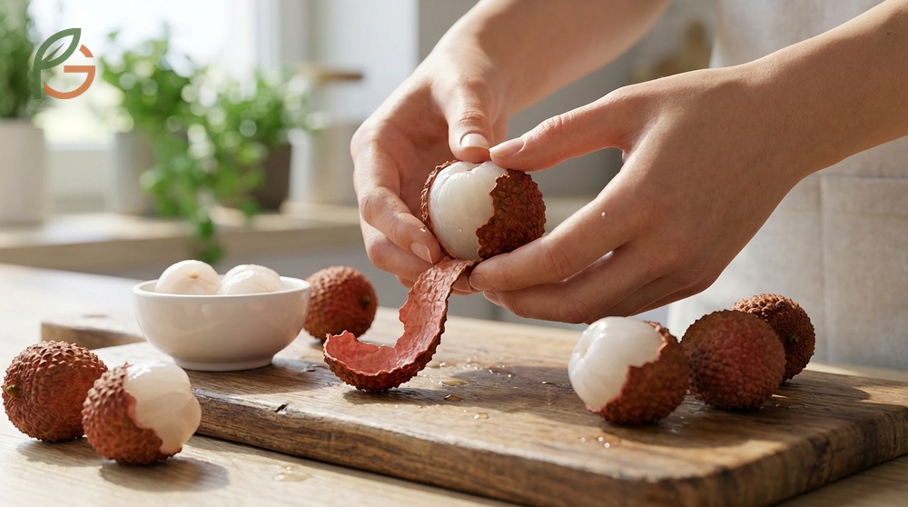 How to peel lychee using the finger method to crack the skin and reveal the juicy white flesh.