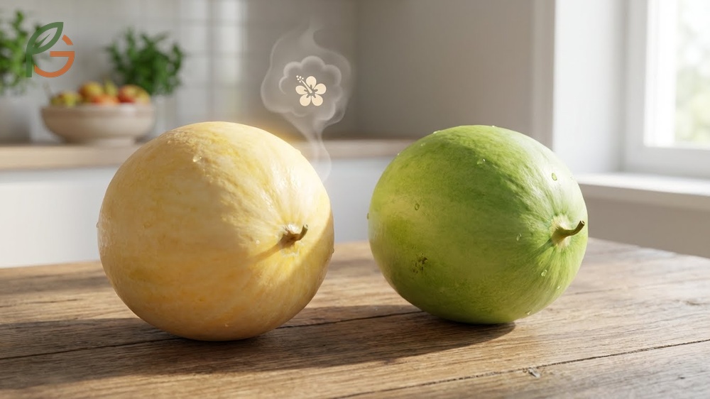 Honeydew ripeness signs include a transition to creamy yellow color and a slight yield at the blossom end.