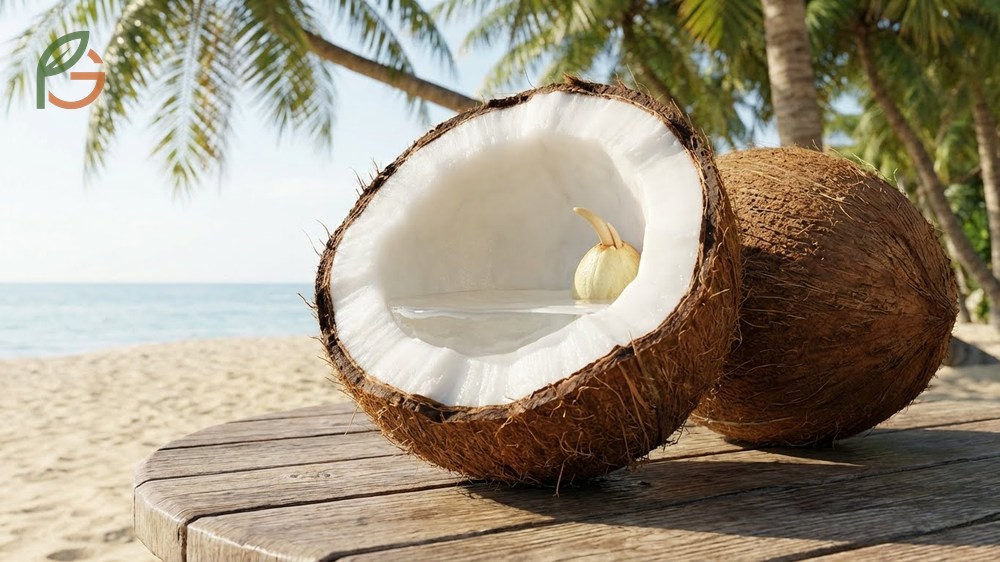 Is coconut a seed containing the tiny embryo and nutrient-rich endosperm needed to grow a new palm tree.