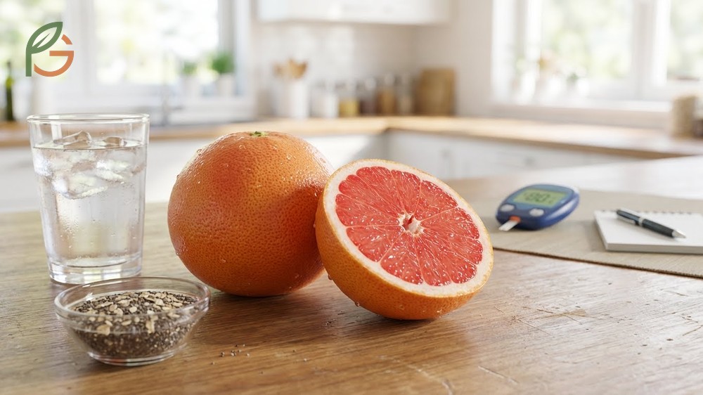 Grapefruit consists of 91% water and substantial fiber content that slows digestion to prevent glucose spikes.