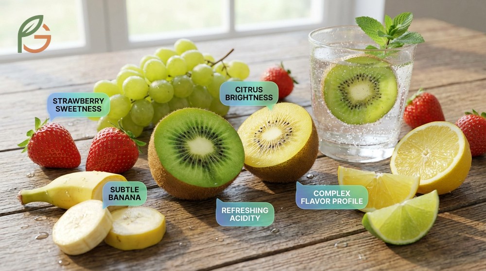 What does kiwi taste like described through its complex balance of tartness and tropical sweetness.