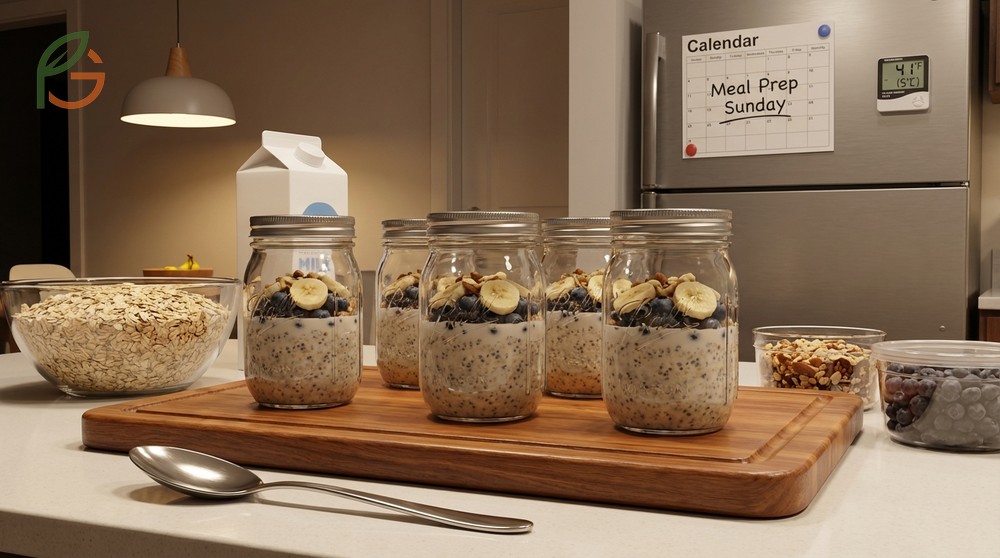 Meal prep oats stored in airtight mason jars maintain texture and freshness for 3-5 days in the fridge.