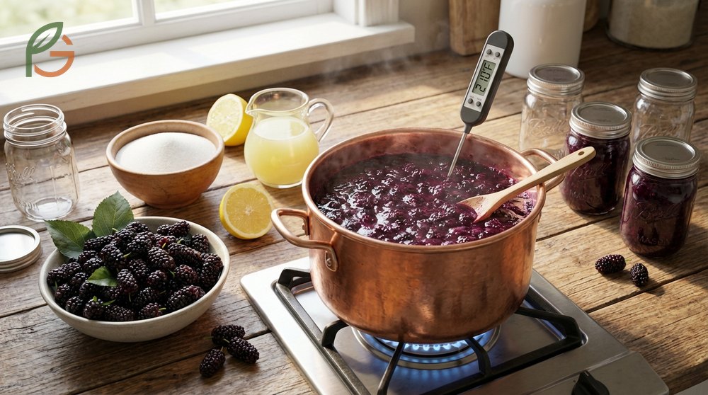 Mulberry jam recipe utilizes fresh berries and lemon juice to create a spread without commercial pectin.
