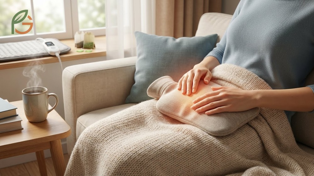 Other remedies for menstrual cramps highlighting heat therapy applied for 15 to 20 minutes to relax muscles.