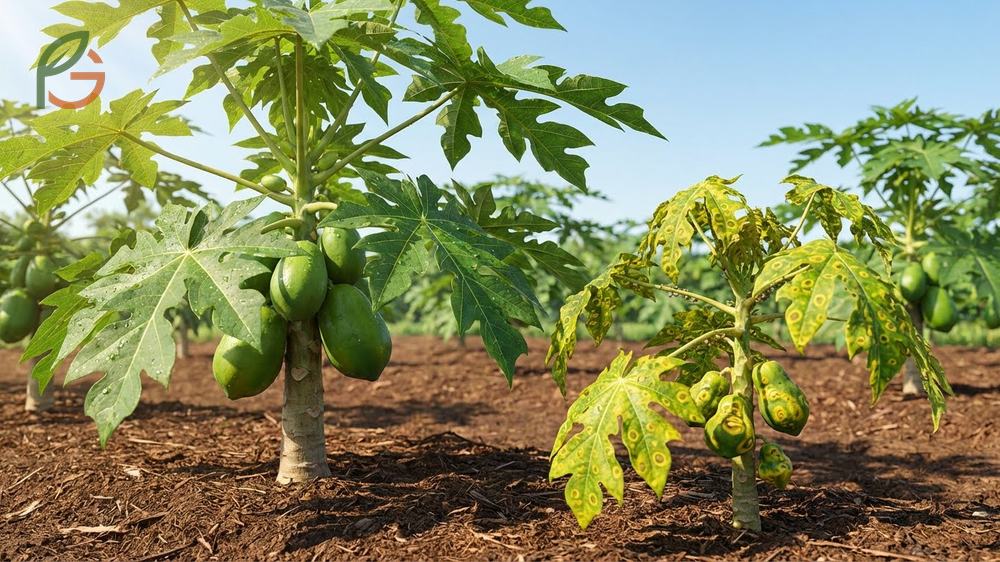 Papaya plant diseases prevention strategies include choosing resistant varieties like Red Lady to avoid ring spot virus.