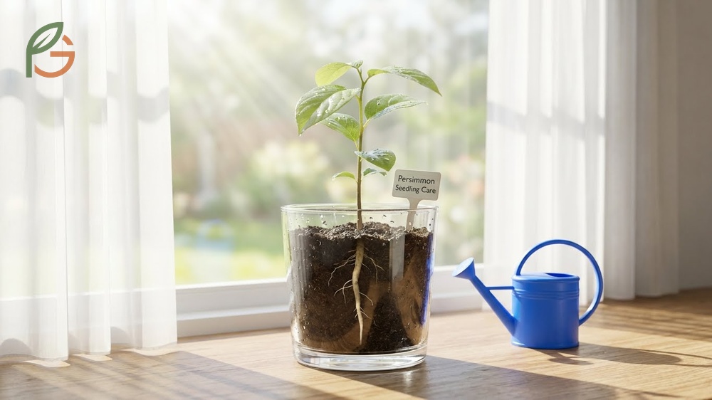 Healthy persimmon seedlings growing in pots under bright indirect light with moist soil.