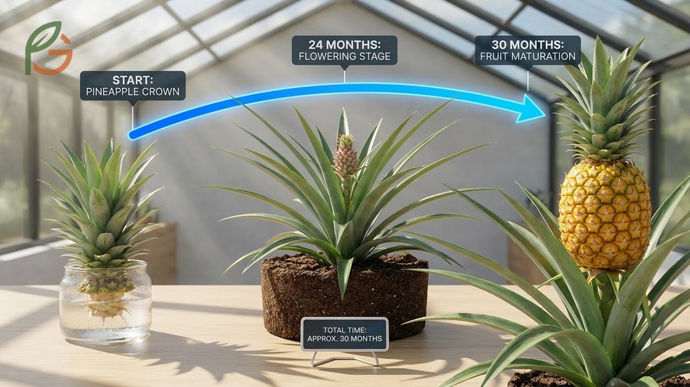 A pineapple top rooting in soil to demonstrate the initial phase of growing from a crown.