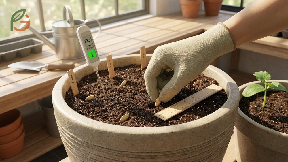 Planting cucumbers in containers involves sowing seeds 1 inch deep when soil temperatures reach 70 degrees Fahrenheit.