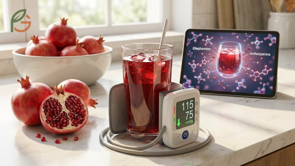 Pomegranate juice for high blood pressure works by inhibiting angiotensin converting enzymes and improving nitric oxide levels in vessels.