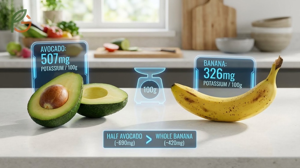 Potassium in avocado vs banana chart comparing 507mg in avocado to 326mg in banana per 100g serving.