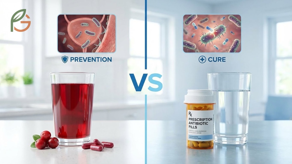 Prevention vs cure UTI comparison showing daily cranberry intake reduces antibiotic use by 59 percent.
