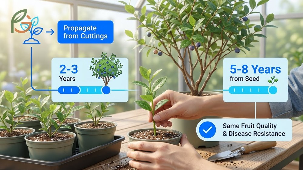 Softwood blueberry cuttings being prepared with rooting hormone before insertion into acidic potting mix.