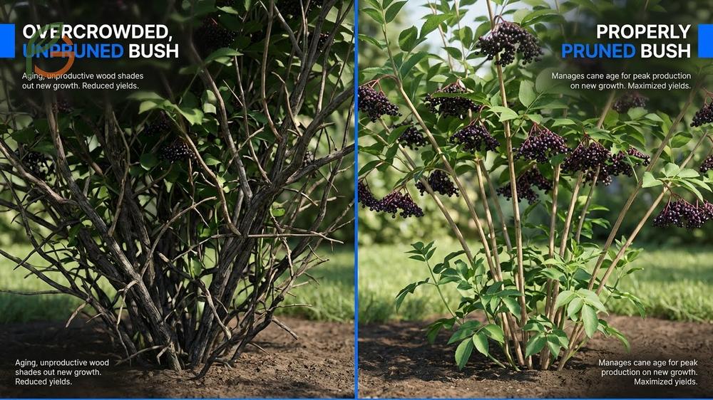 Pruning elderberry bushes focuses on maintaining one and two year old canes while removing unproductive older wood.