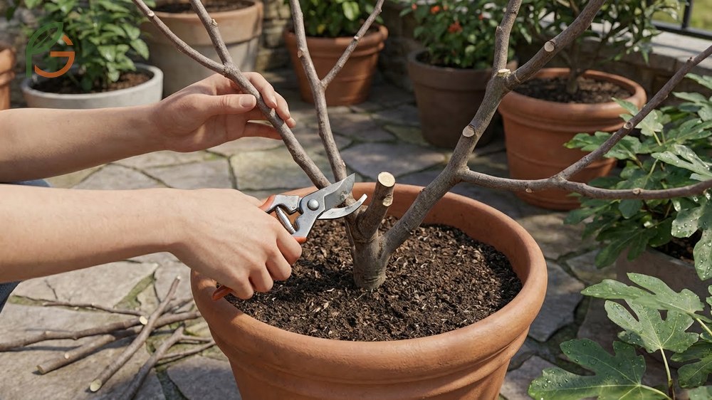 Pruning fig trees in pots by removing half of fruiting branches to maximize production.